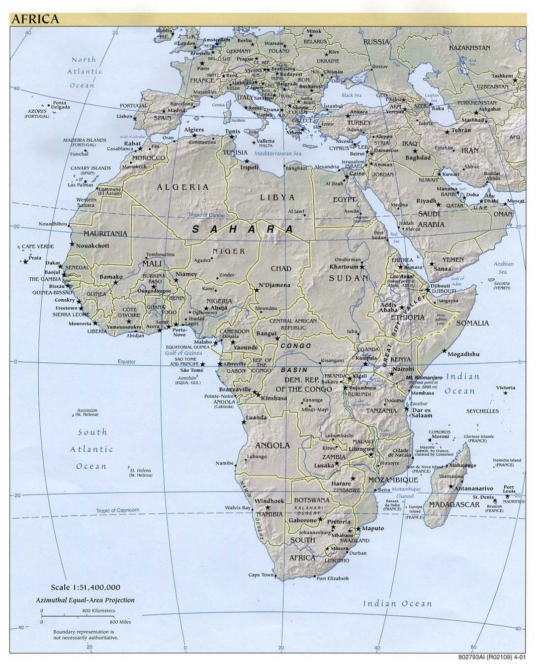 Large political map of Africa with relief and capitals - 2001