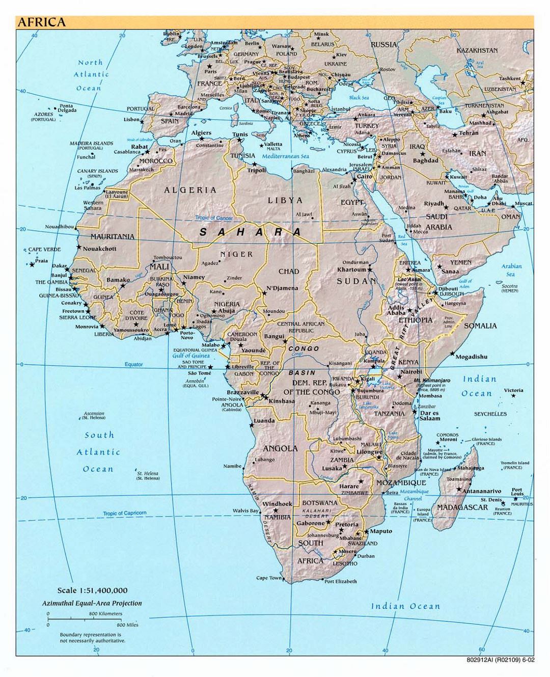 Large political map of Africa with relief and capitals - 2002
