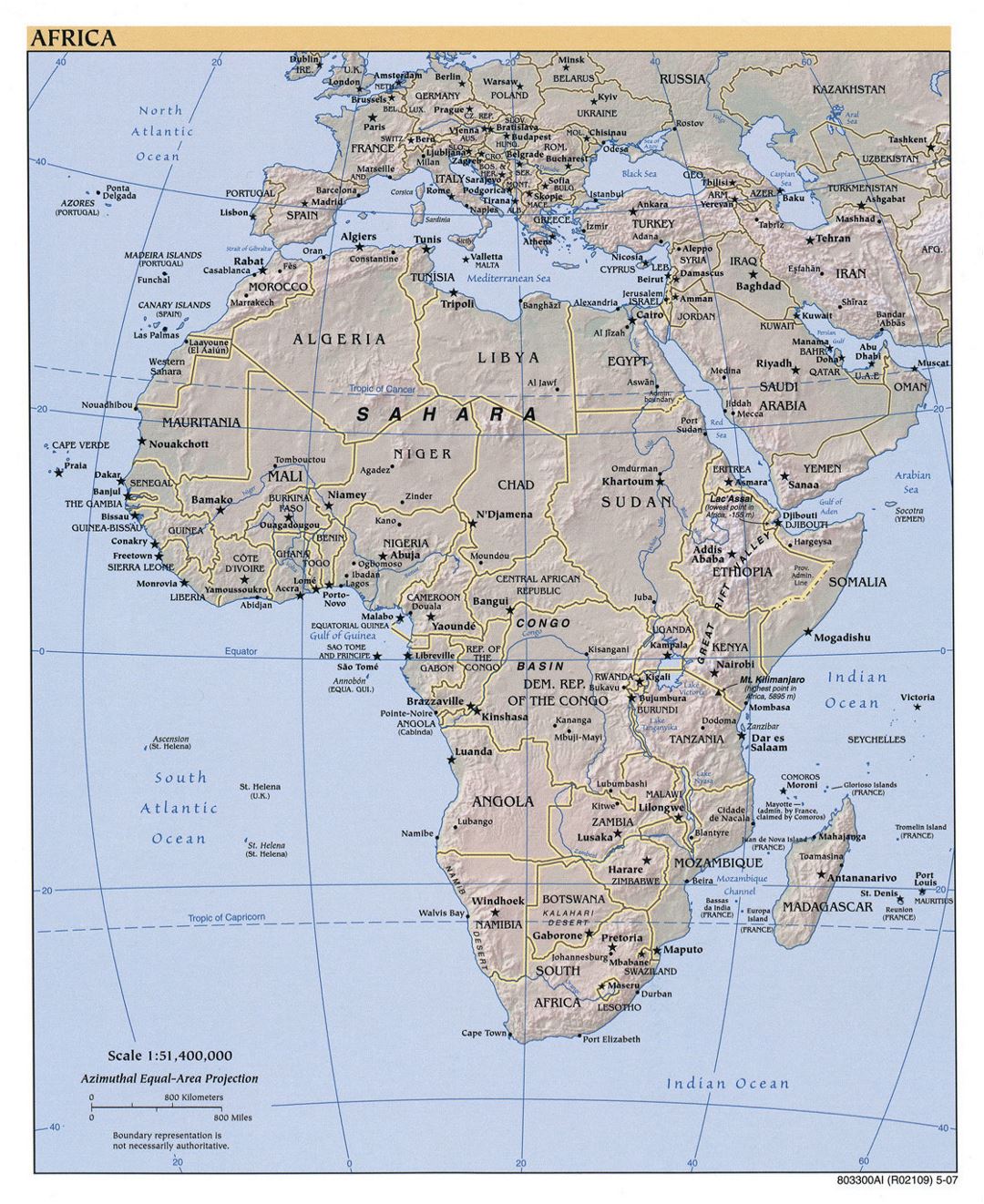 Large political map of Africa with relief, major cities and capitals - 2007