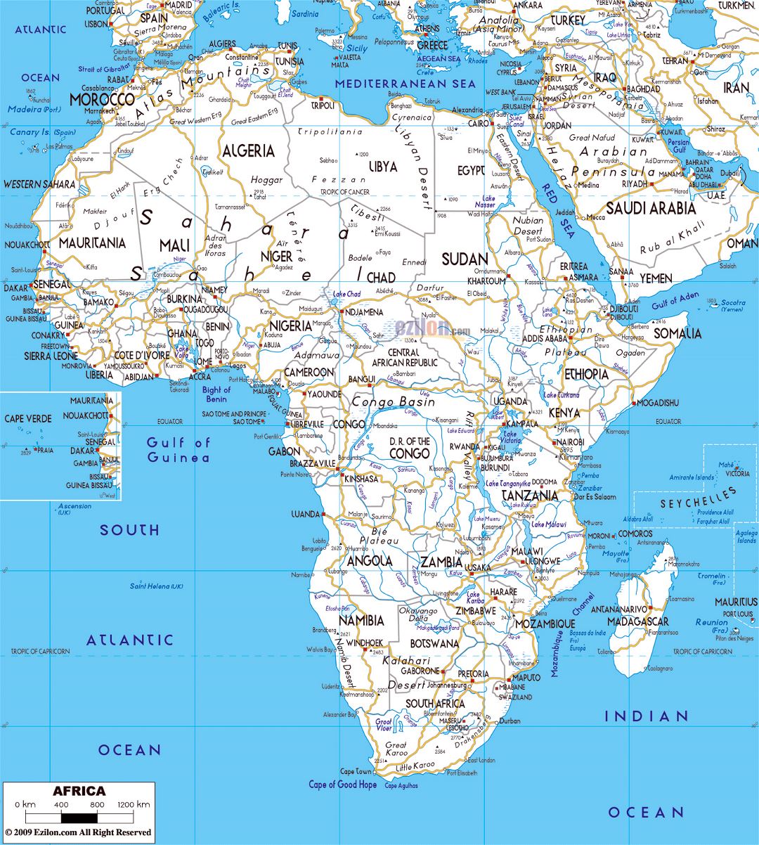 Large road map of Africa with major capitals and major cities