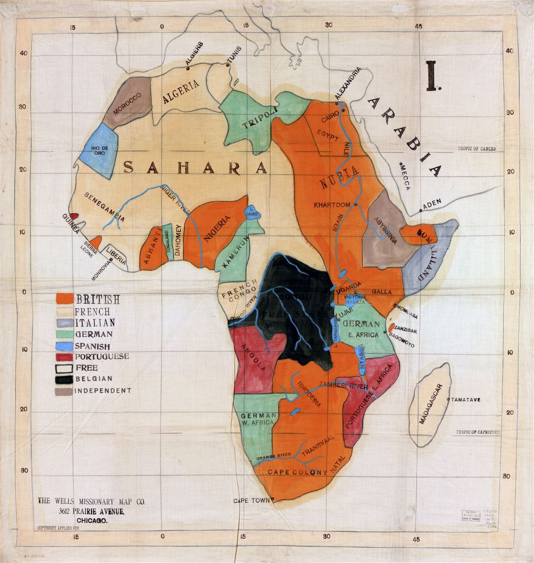 Large scale detail old political map of Africa - 1908