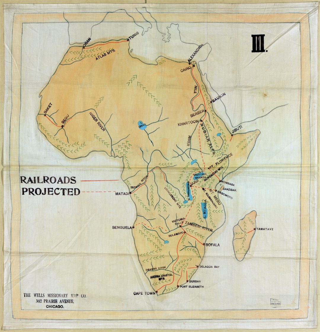 Large scale detail old railroad map of Africa - 1908