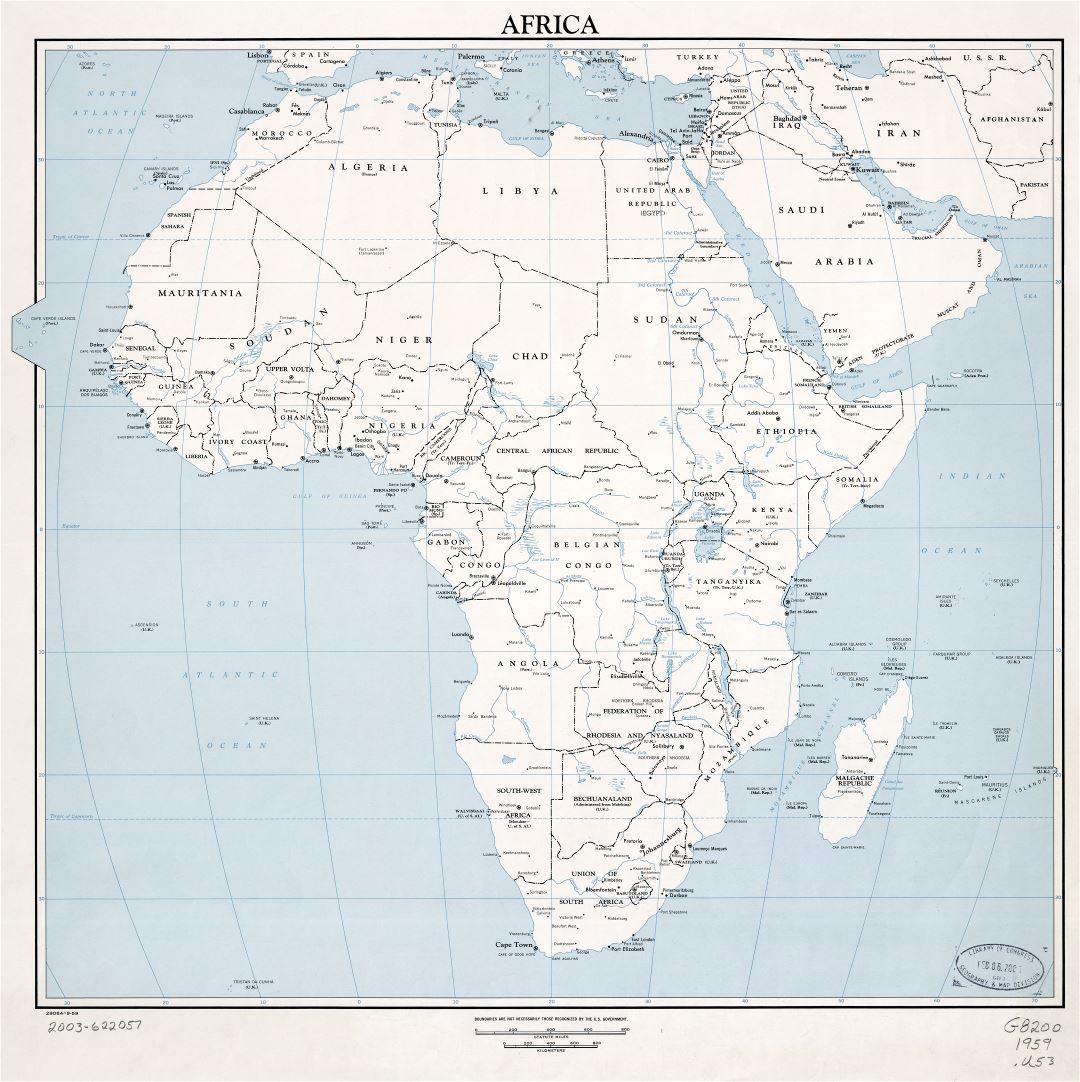 Large scale detailed political map of Africa with marks of capitals, major cities and names of countries - 1959