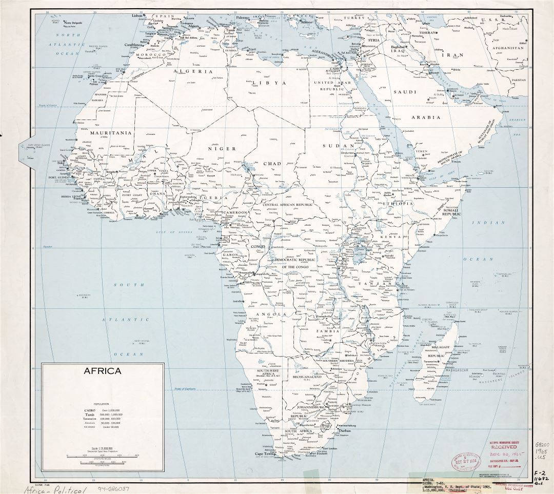 Large scale detailed political map of Africa with marks of capitals, major cities and names of countries - 1965