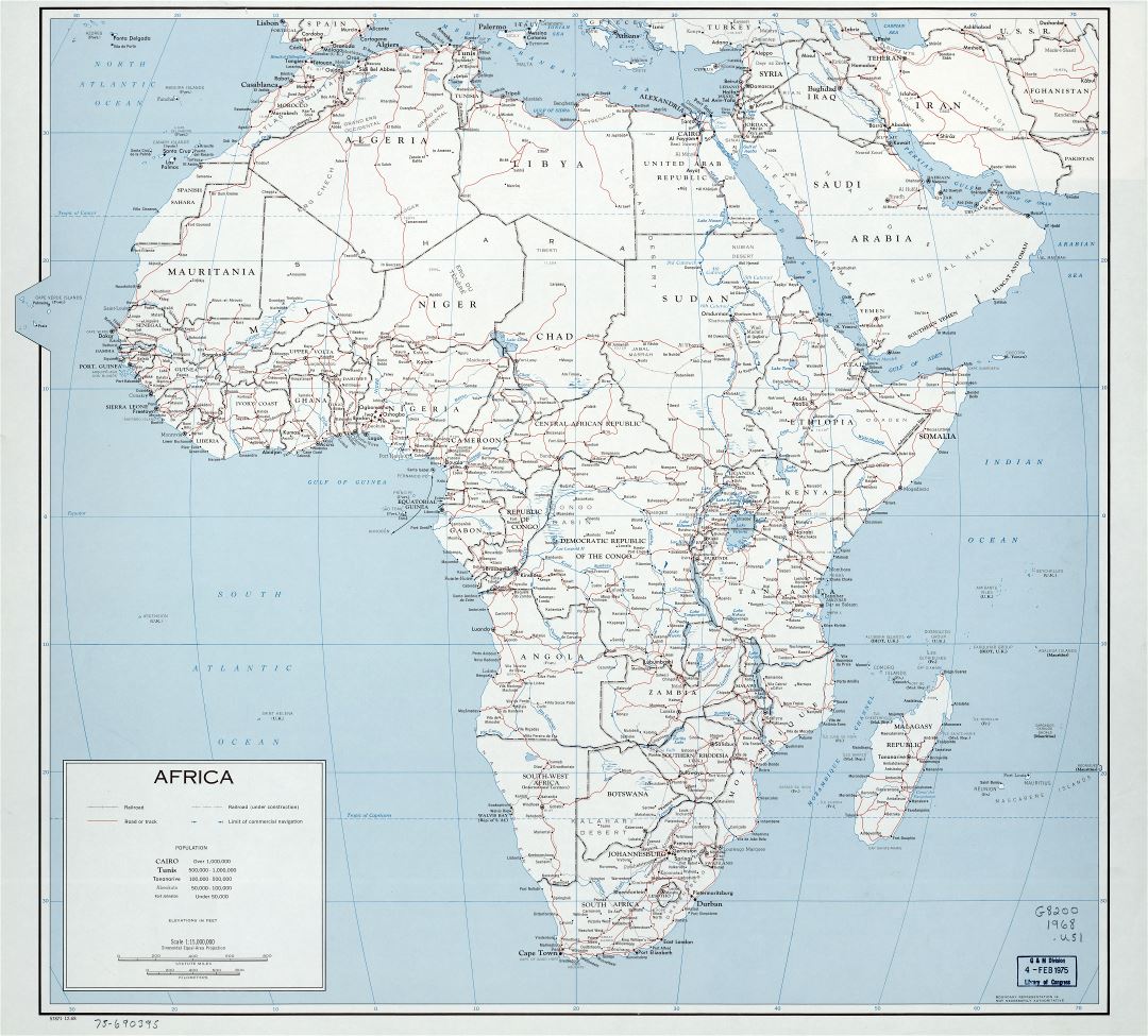 Large scale detailed political map of Africa with marks of capitals, major cities, roads, railroads and names of countries - 1968