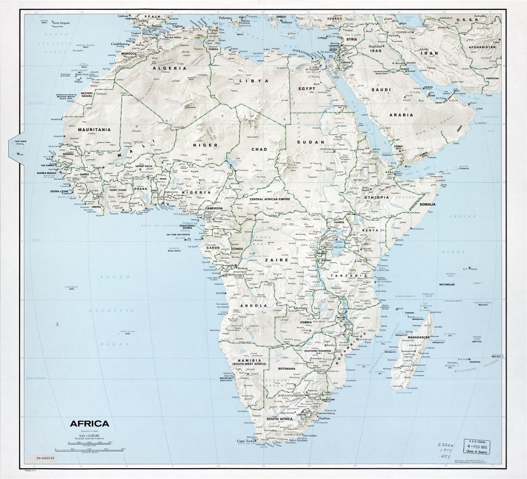 Large scale detailed political map of Africa with relief, marks of capitals, large cities and names of countries - 1977