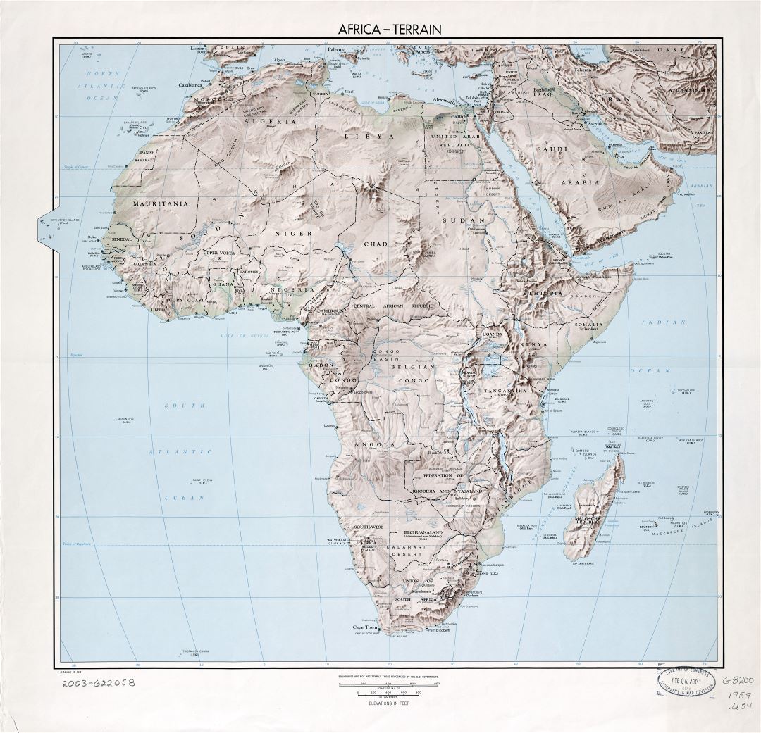 Large scale detailed political map of Africa with relief, marks of capitals, major cities and names of countries - 1959