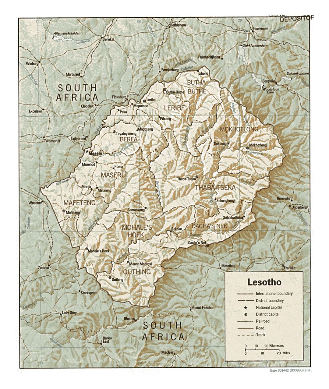 Detailed political and administrative map of Lesotho with relief, roads, railroads and major cities - 1990