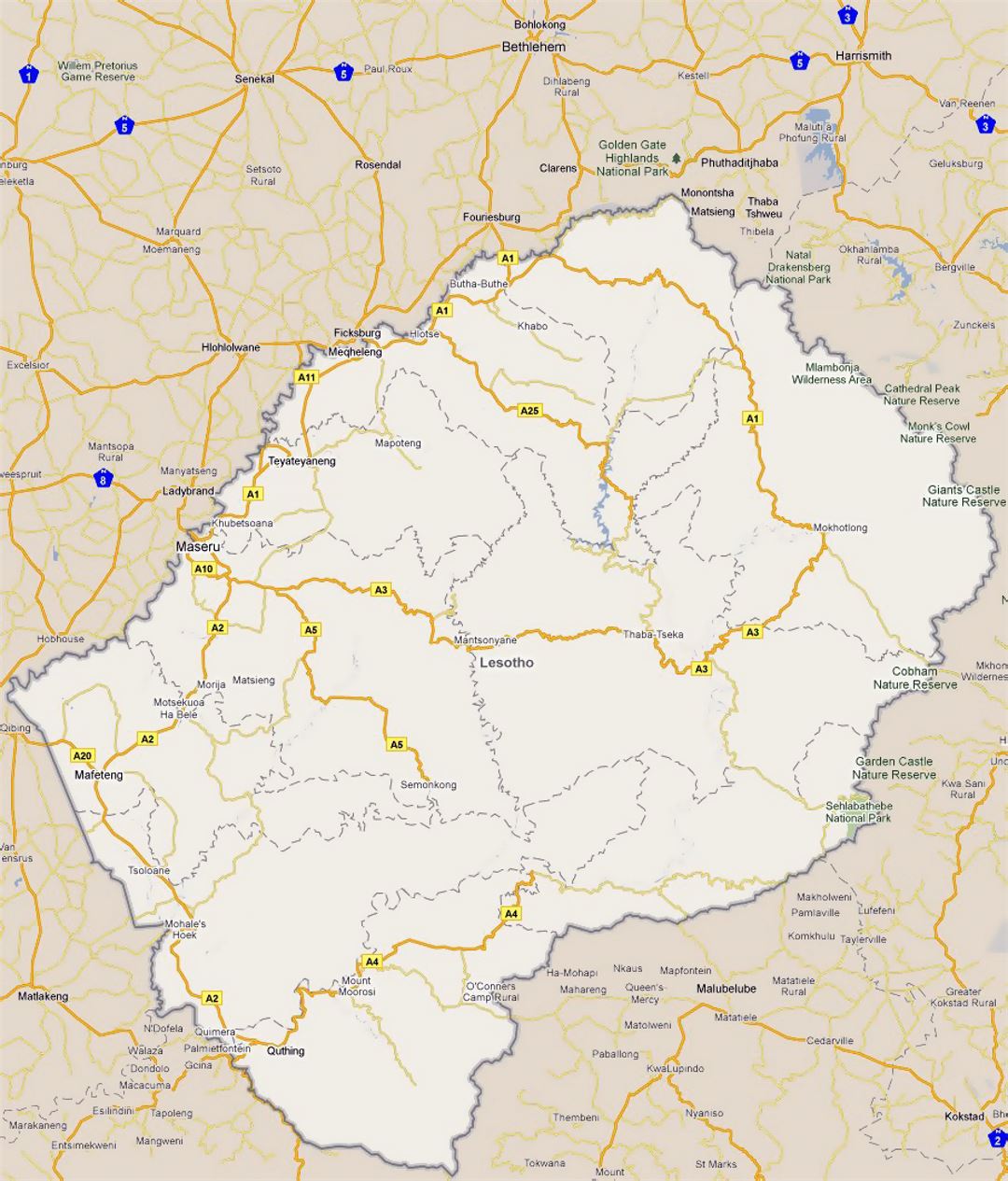 Detailed road map of Lesotho with cities