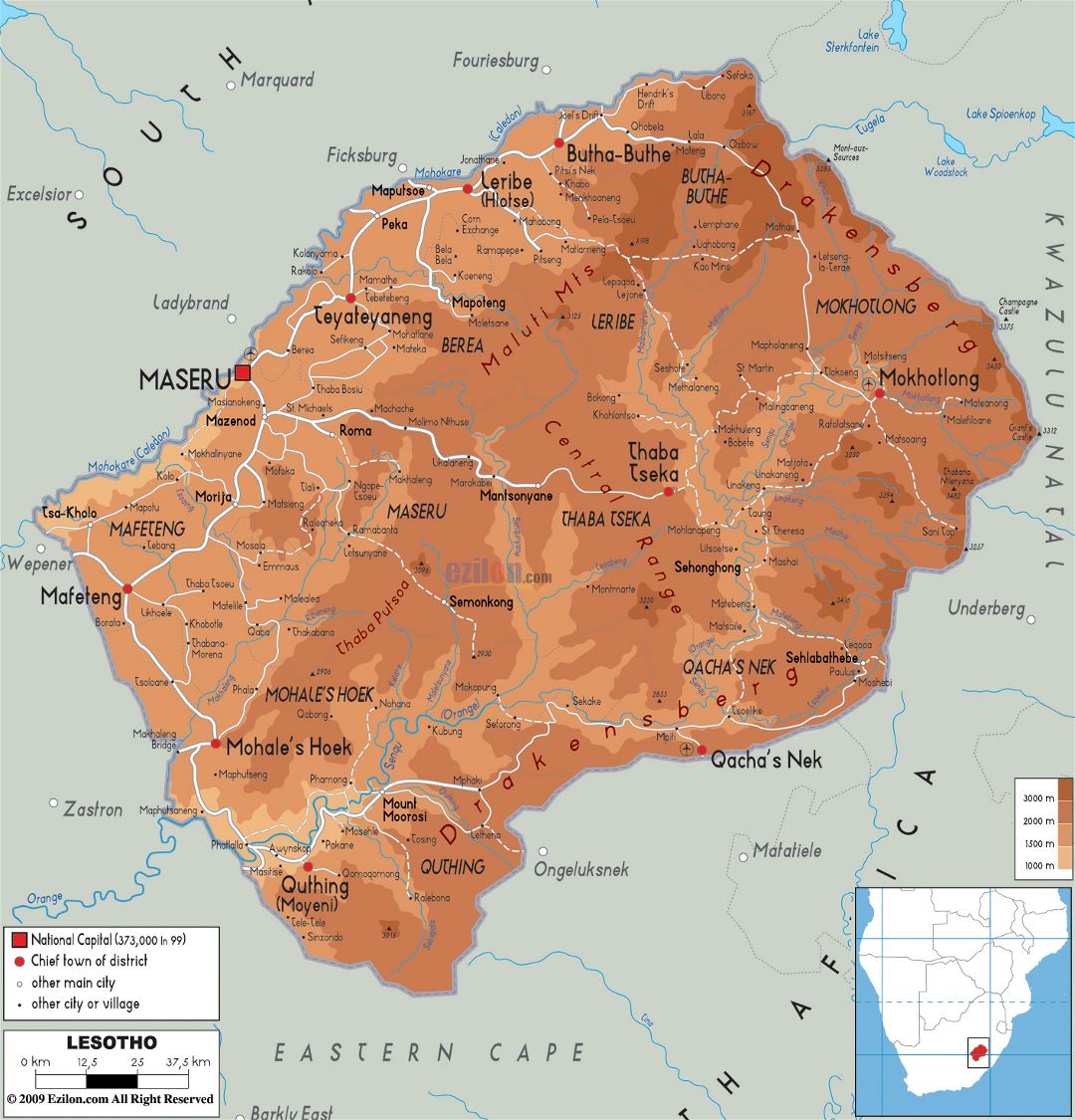 Large physical map of Lesotho with roads, cities and airports