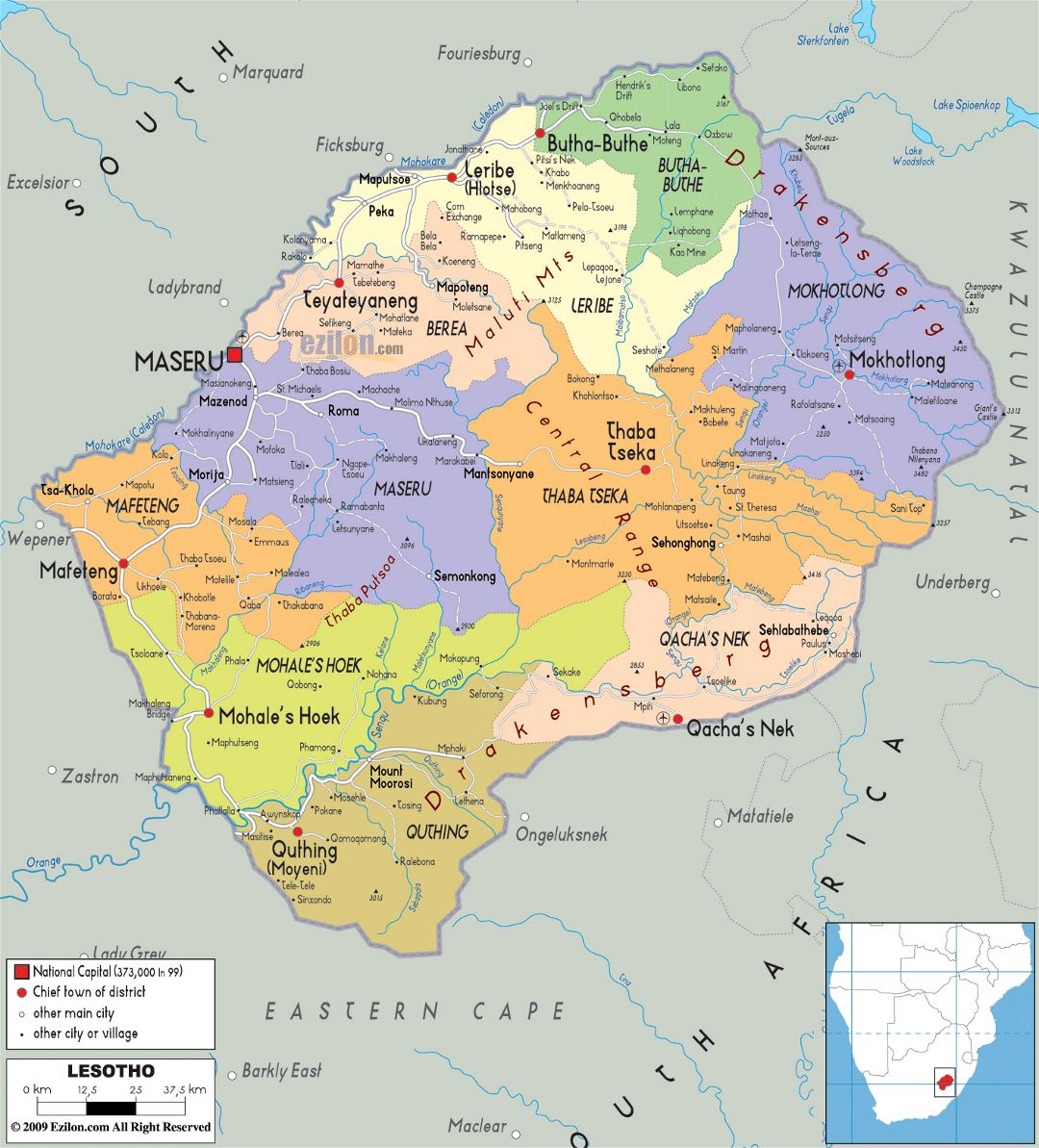 Large political and administrative map of Lesotho with roads, cities and airports