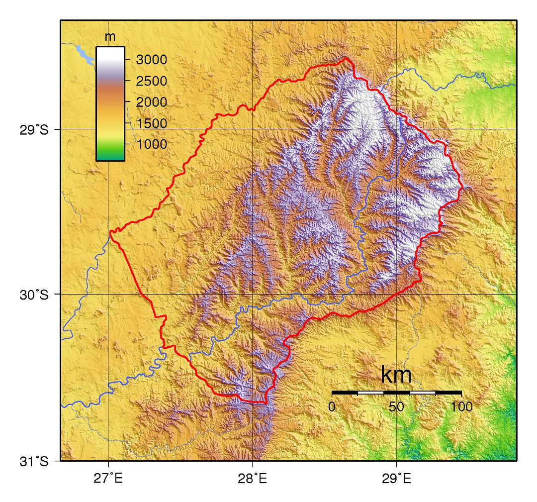 Large topographical map of Lesotho