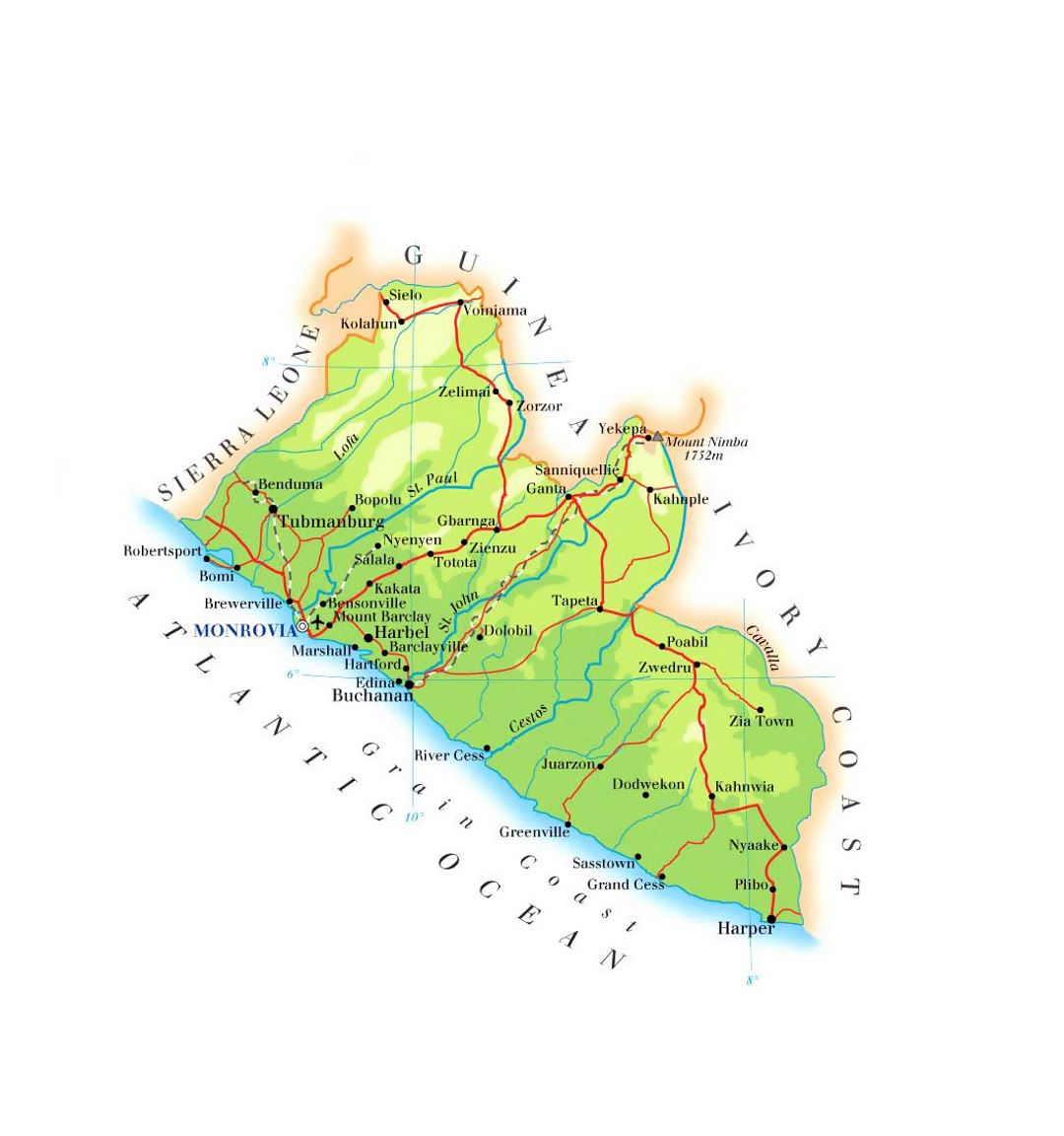 Detailed elevation map of Liberia with roads, cities and airports