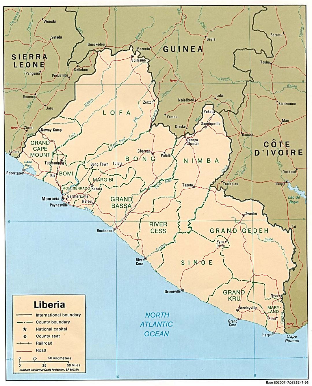 Detailed political and administrative map of Liberia with roads, railroads and major cities - 1996