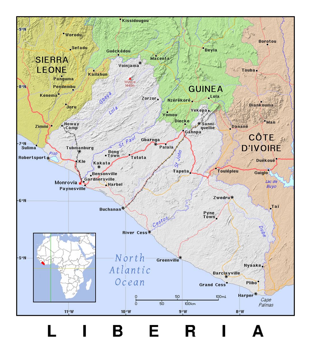 Detailed political map of Liberia with relief