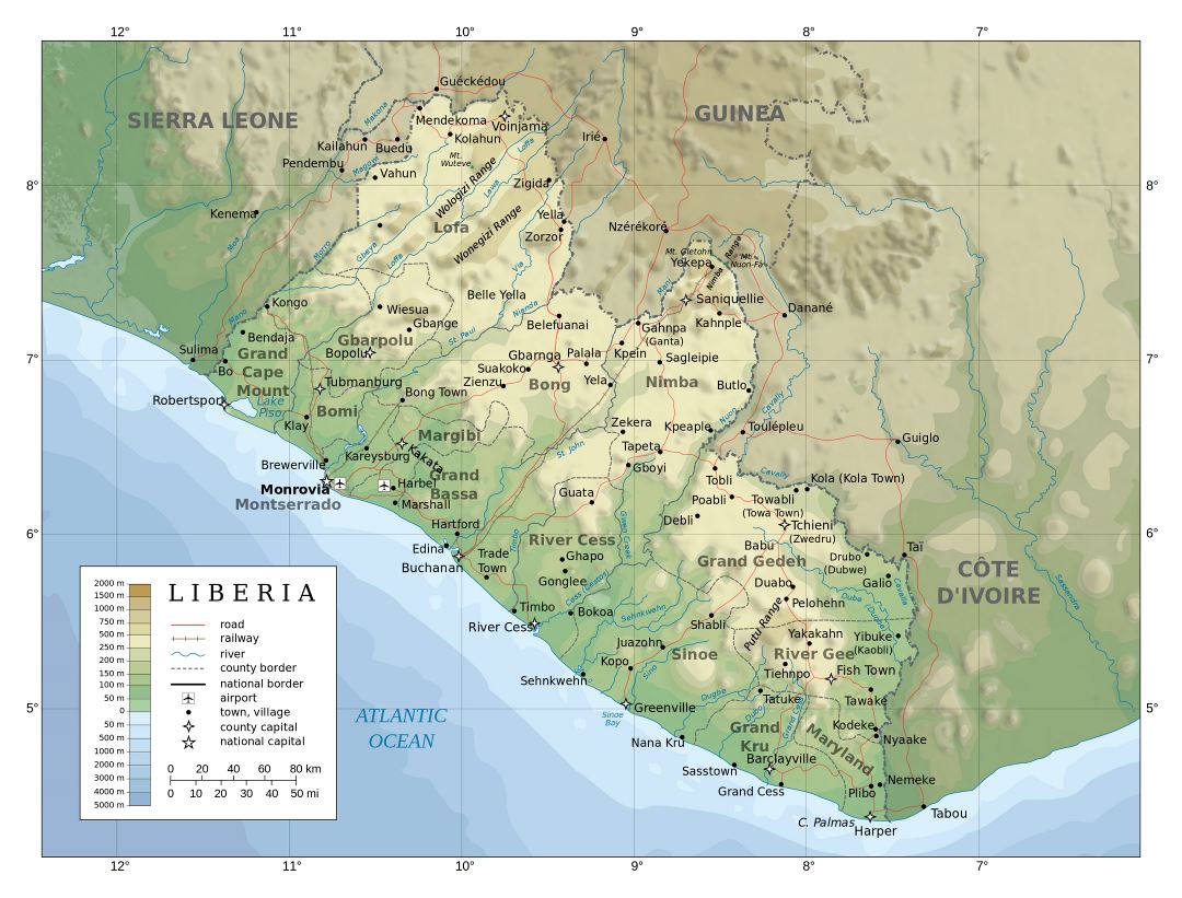 Large detailed physical map of Liberia with administrative divisions, roads, railroads, cities and airports