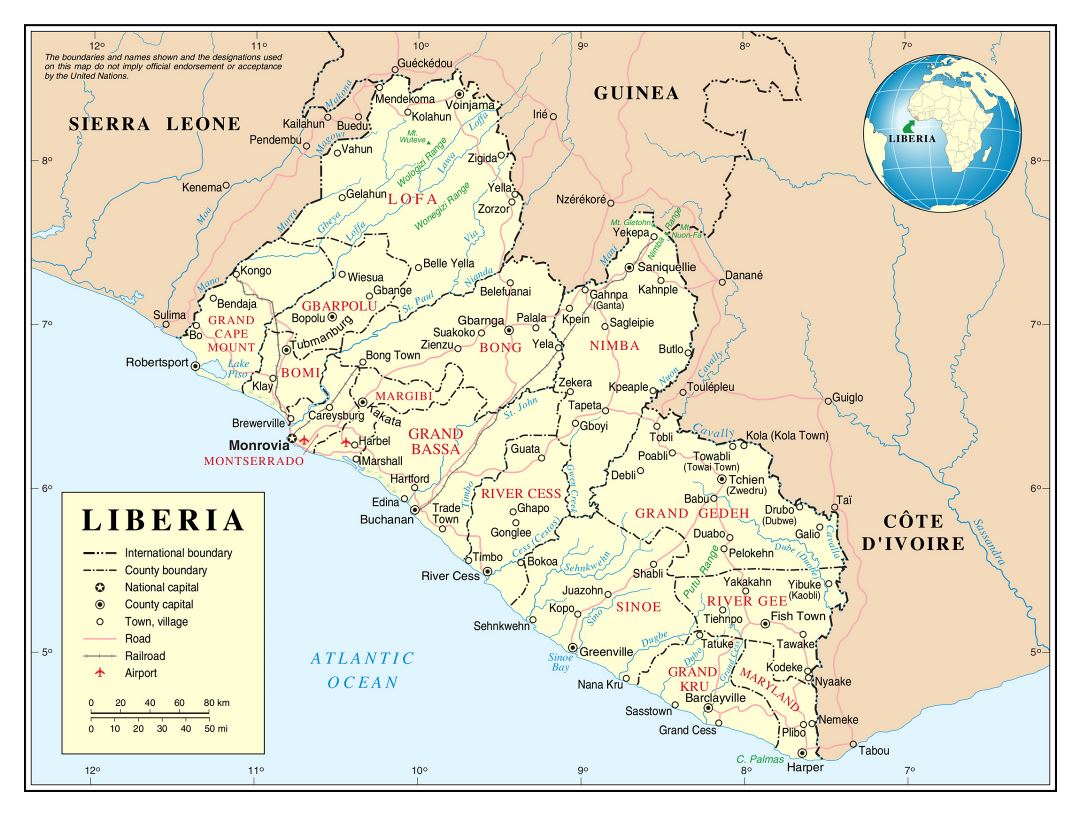Large detailed political and administrative map of Liberia with roads, railroads, cities and airports