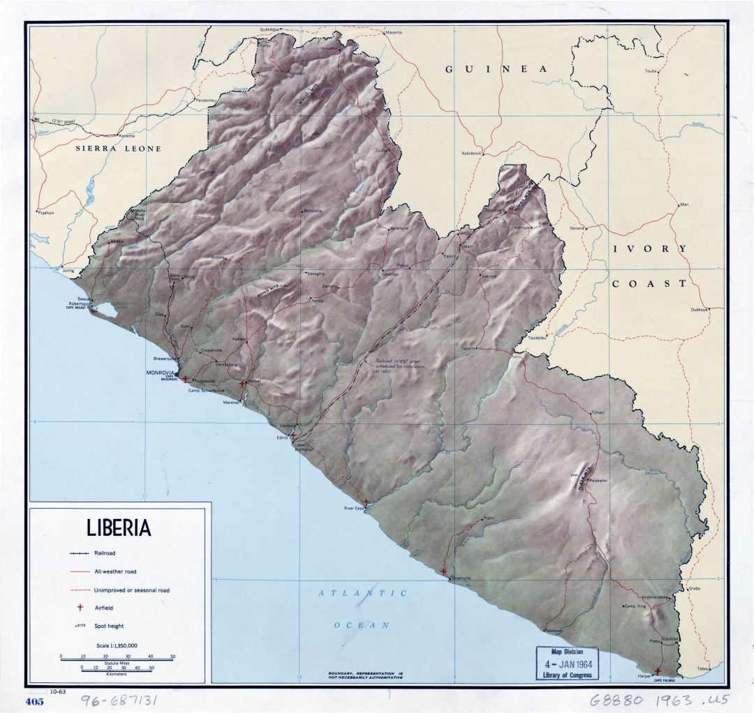 Large detailed political map of Liberia with relief, roads, major cities and airports - 1963
