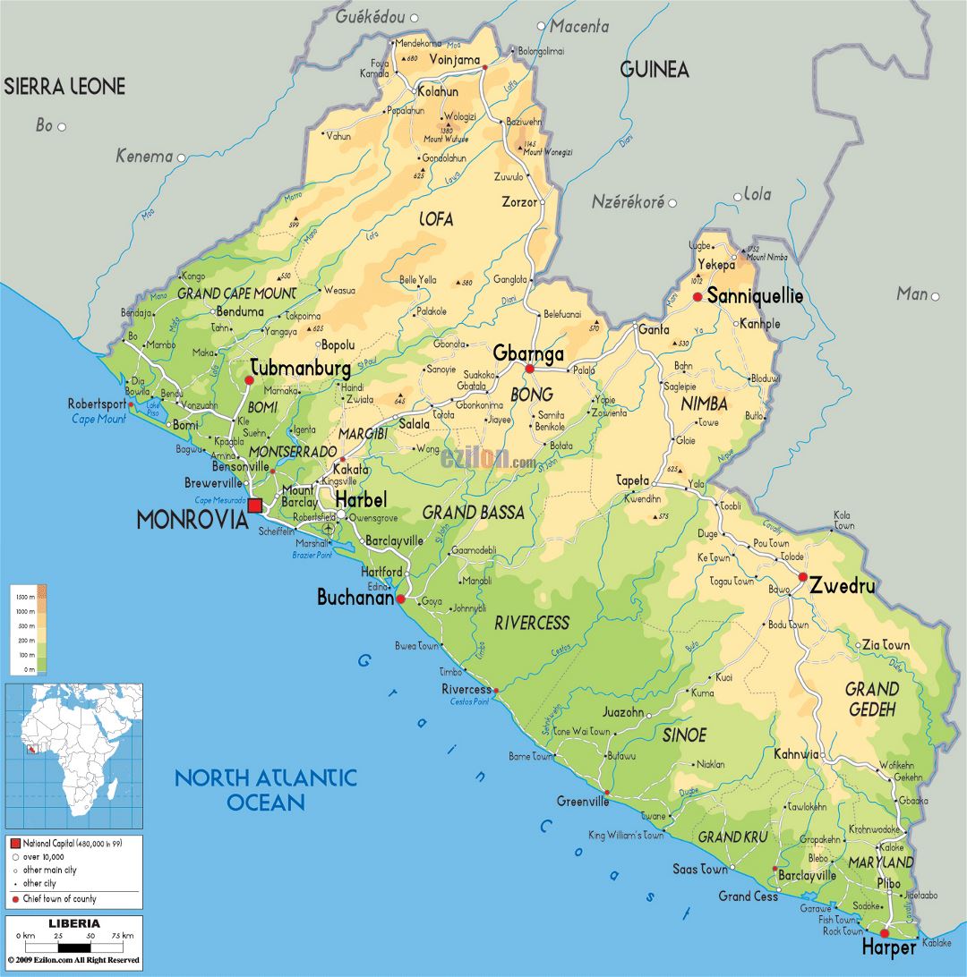 Large physical map of Liberia with roads, cities and airports