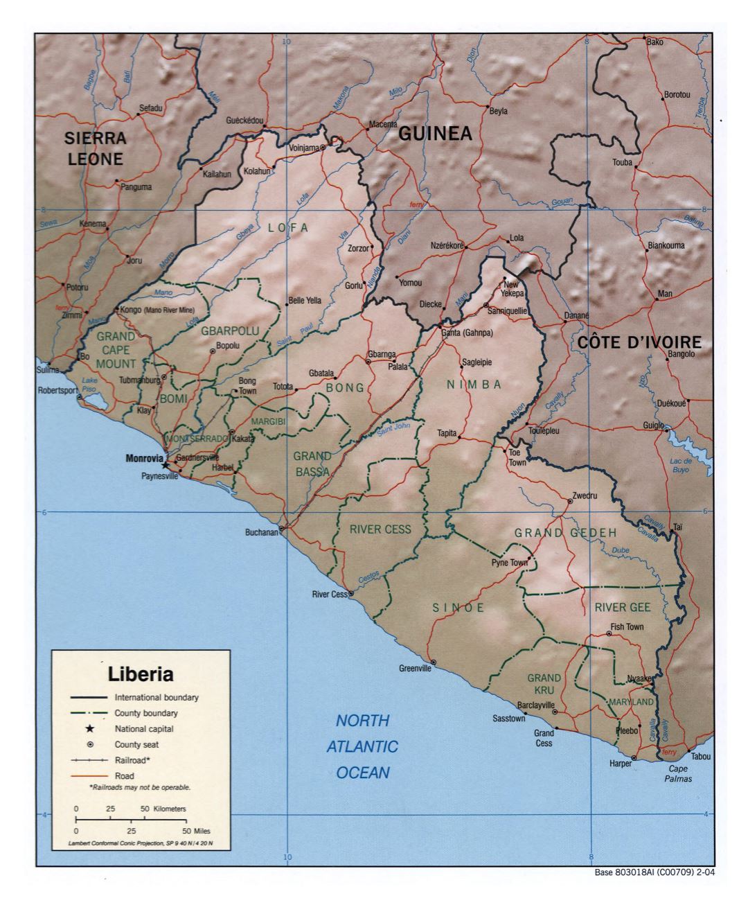 Large political and administrative map of Liberia with relief, roads, railroads and cities - 2004