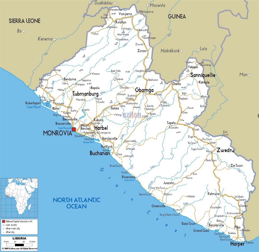 Large road map of Liberia with cities and airports