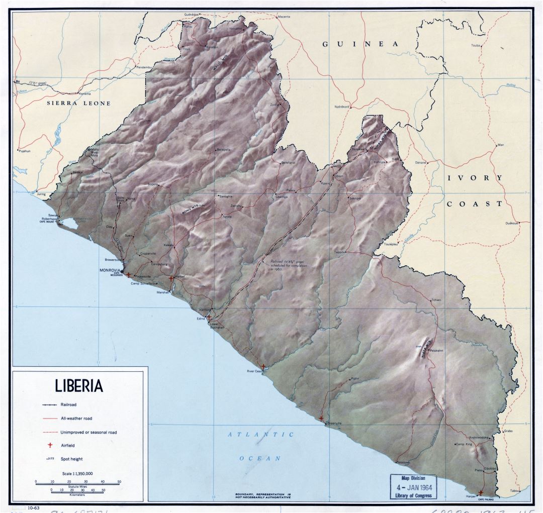 Large scale detailed political map of Liberia with relief, roads, major cities and airports - 1963