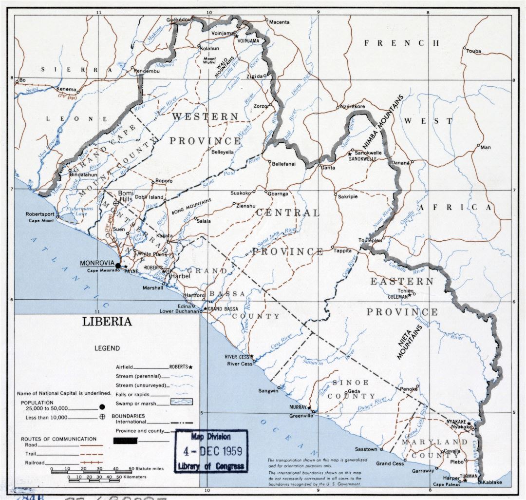 Large scale political map of Liberia - 1959