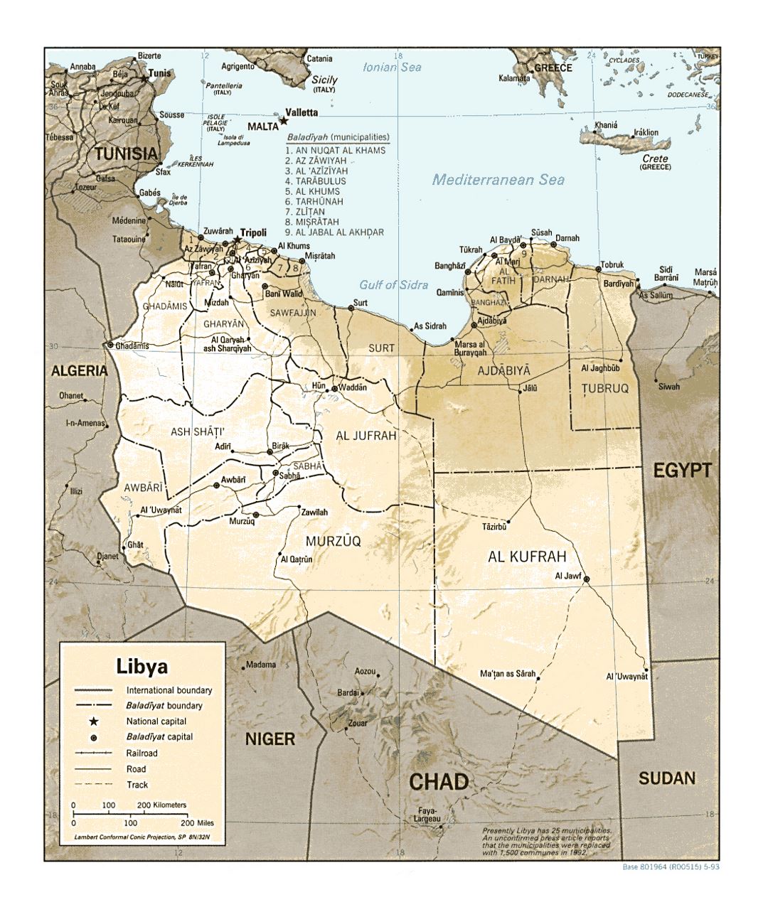 Detailed political and administrative map of Libya with relief, roads, railroads and major cities - 1993