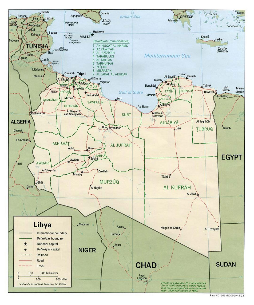 Detailed political and administrative map of Libya with roads, railroads and major cities - 1993