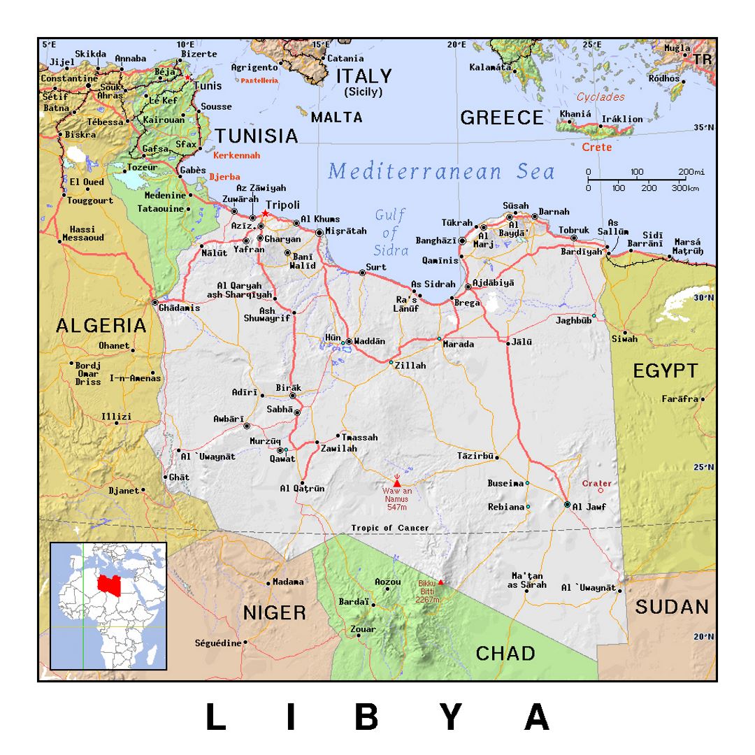 Detailed political map of Libya with relief