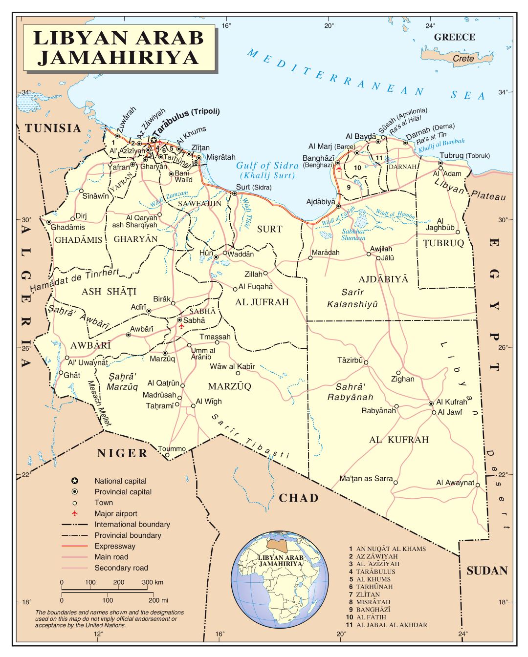 Large detailed political and administrative map of Libya with roads, railroads, cities and airports