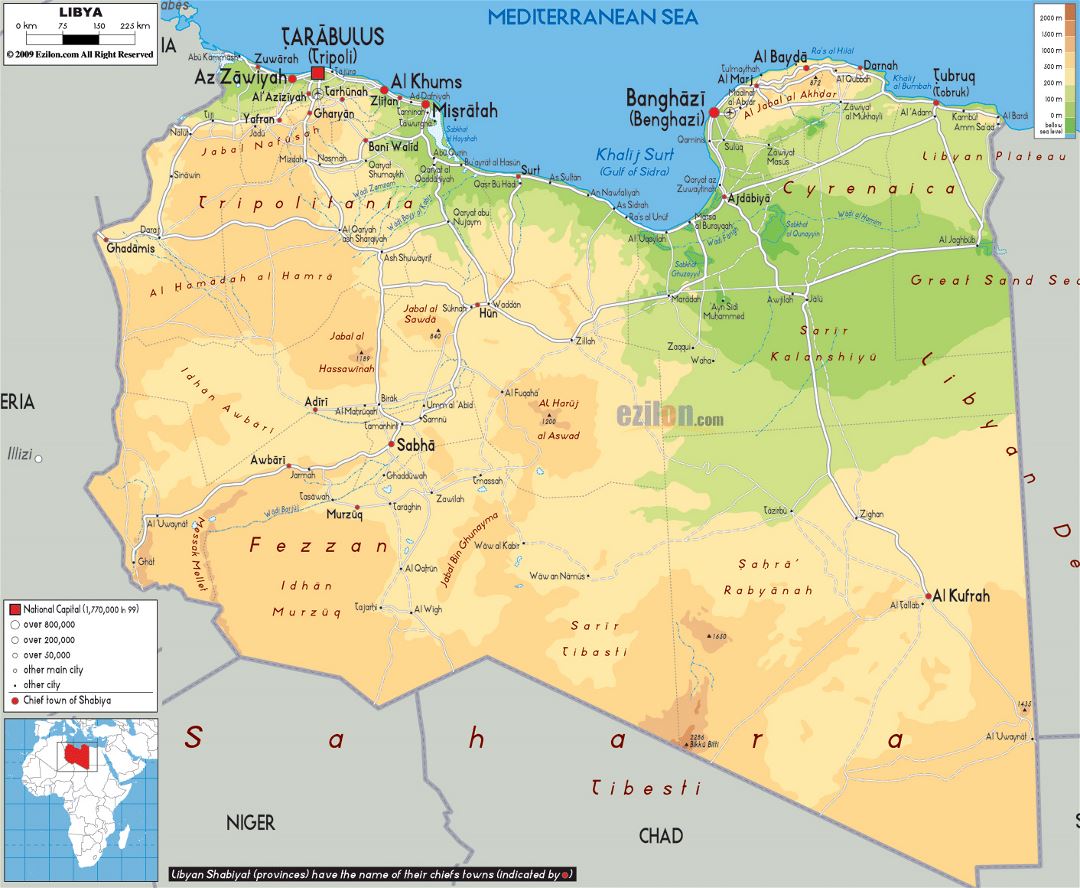 Large physical map of Libya with roads, cities and airports