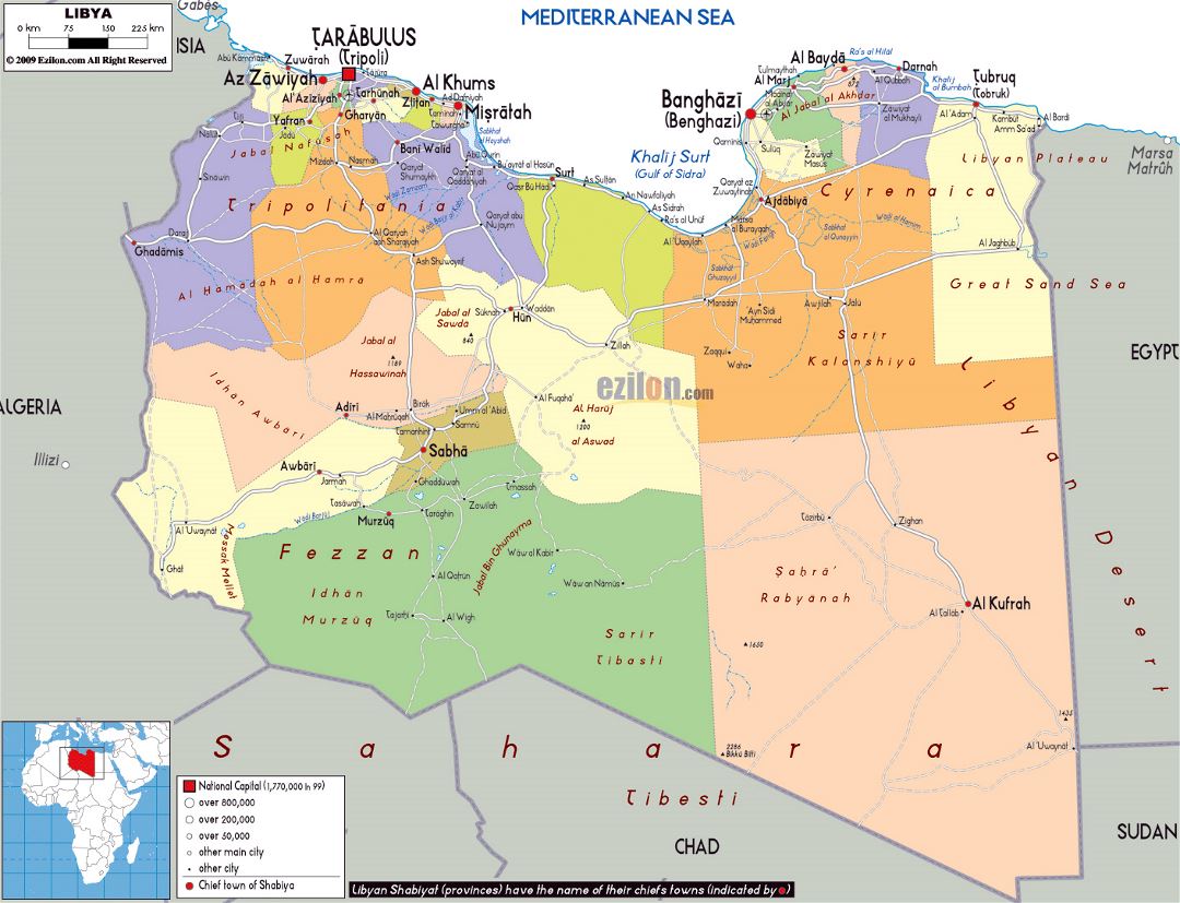 Large political and administrative map of Libya with roads, cities and airports