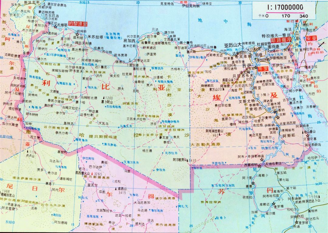 Large political map of Libya and Egypt in chinese