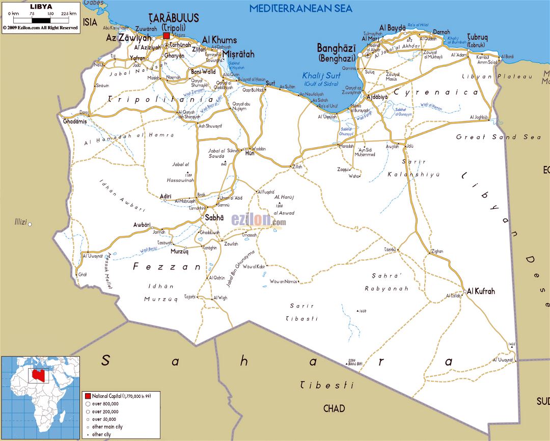 Large road map of Libya with cities and airports