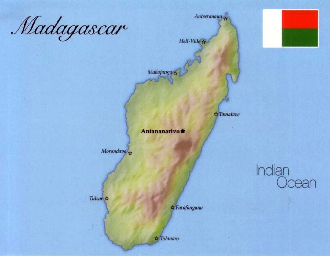 Detailed map of Madagascar with flag