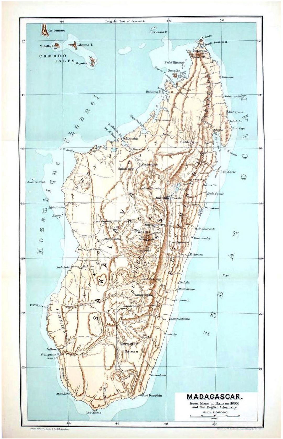 Detailed old map of Madagascar with relief - 1895