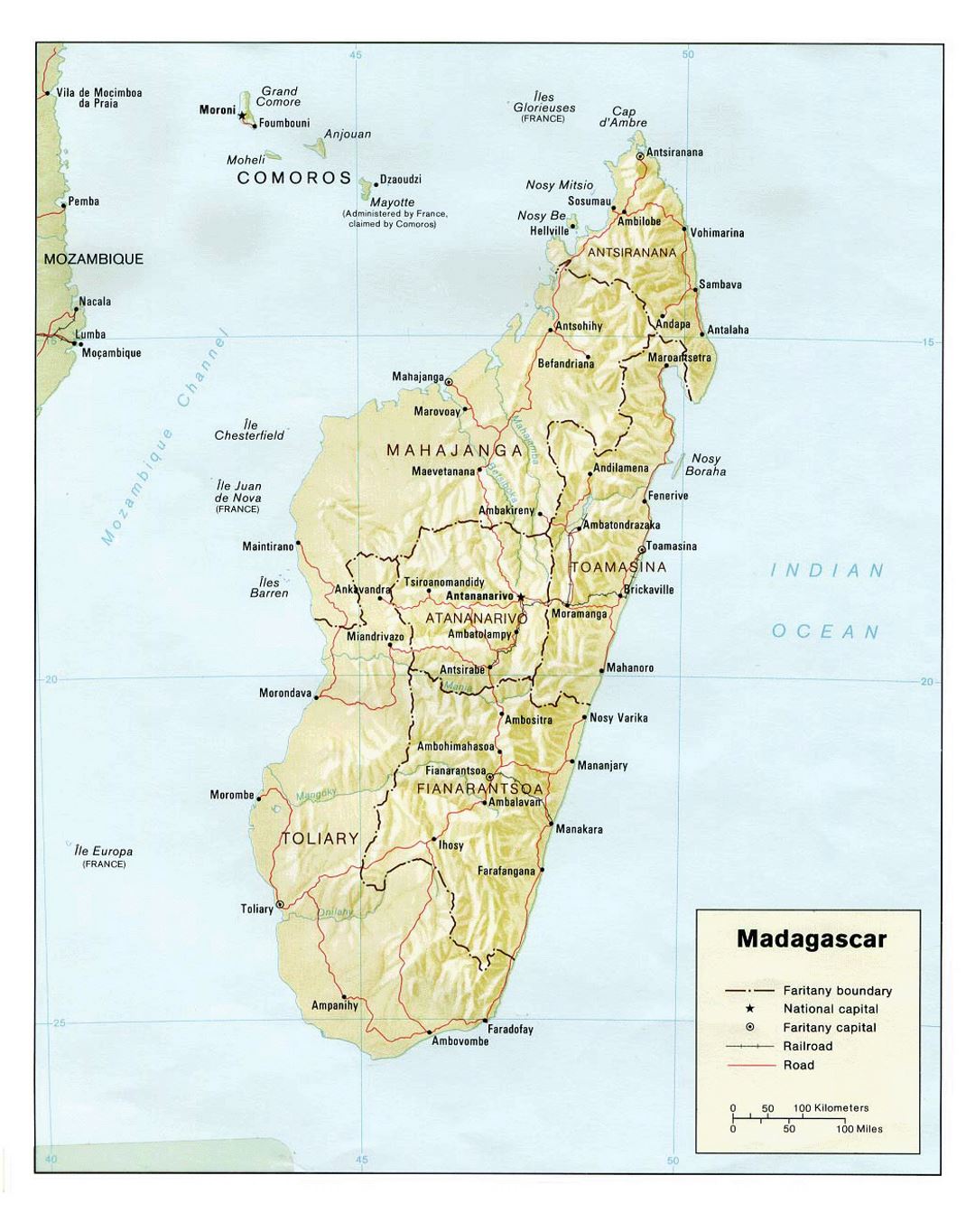 Detailed political and administrative map of Madagascar with relief, roads, railroads and major cities - 1981
