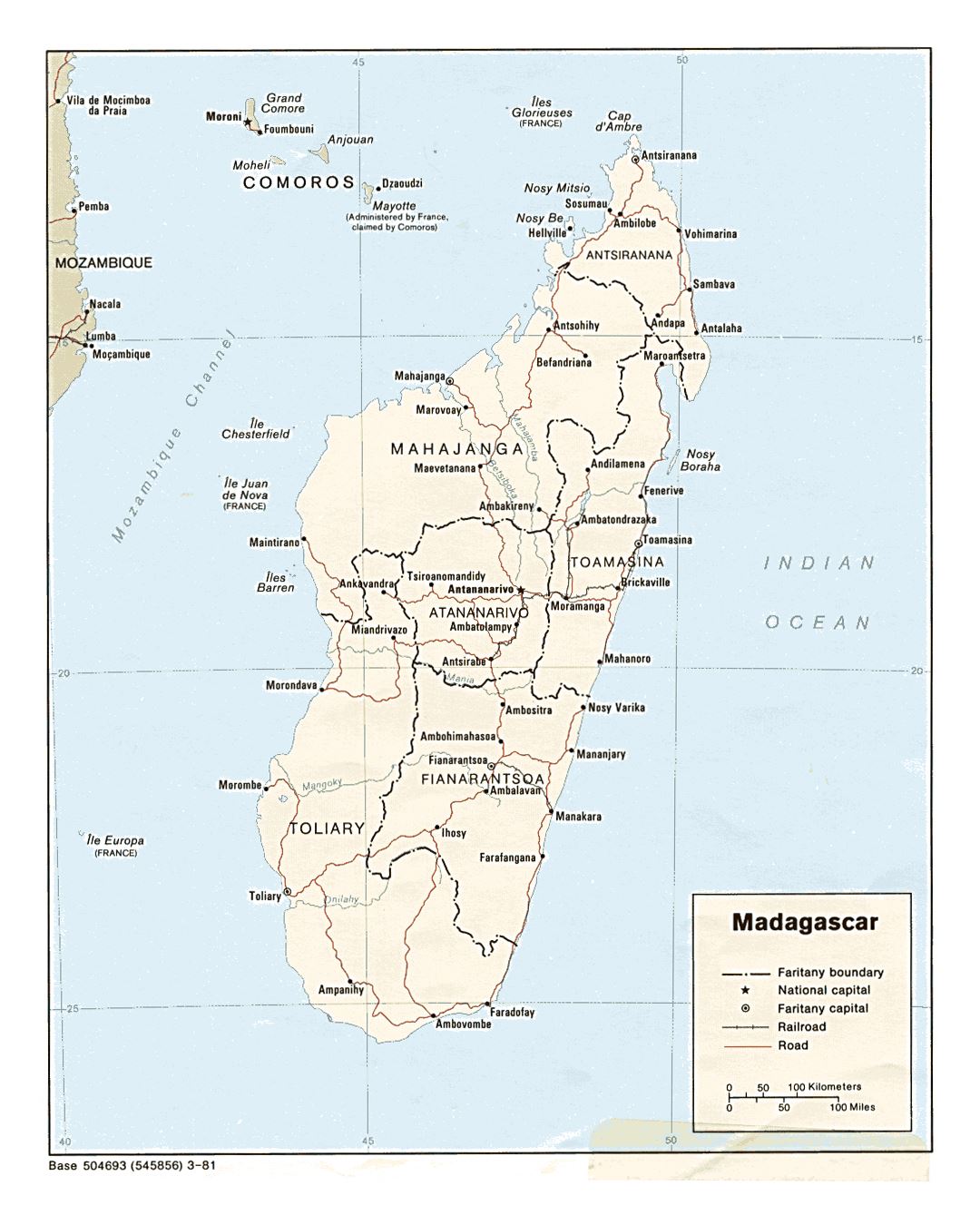 Detailed political and administrative map of Madagascar with roads, railroads and major cities - 1981