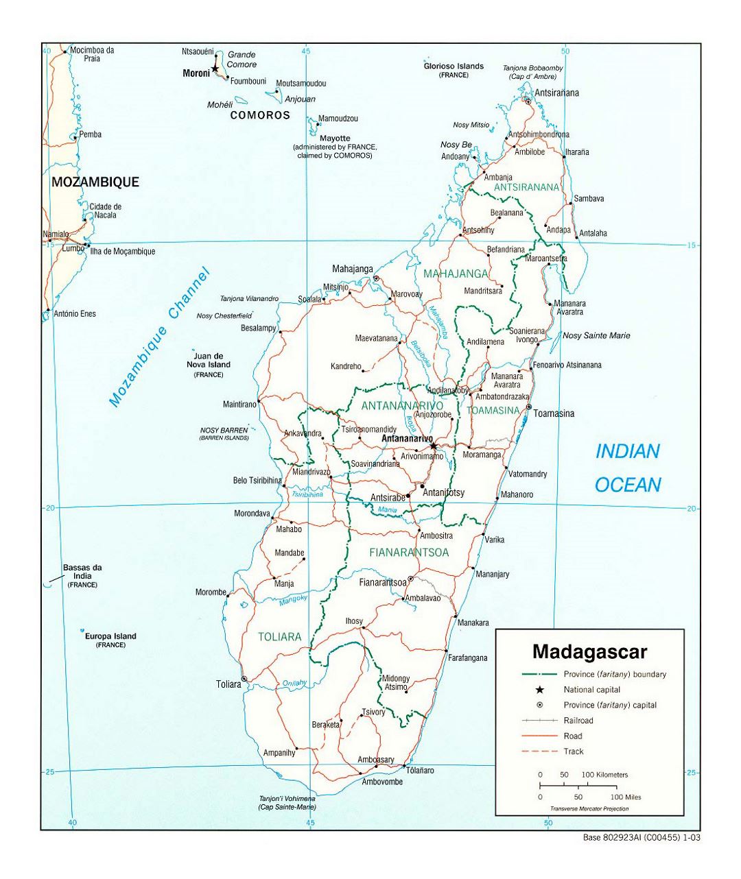 Detailed political and administrative map of Madagascar with roads, railroads and major cities - 2003