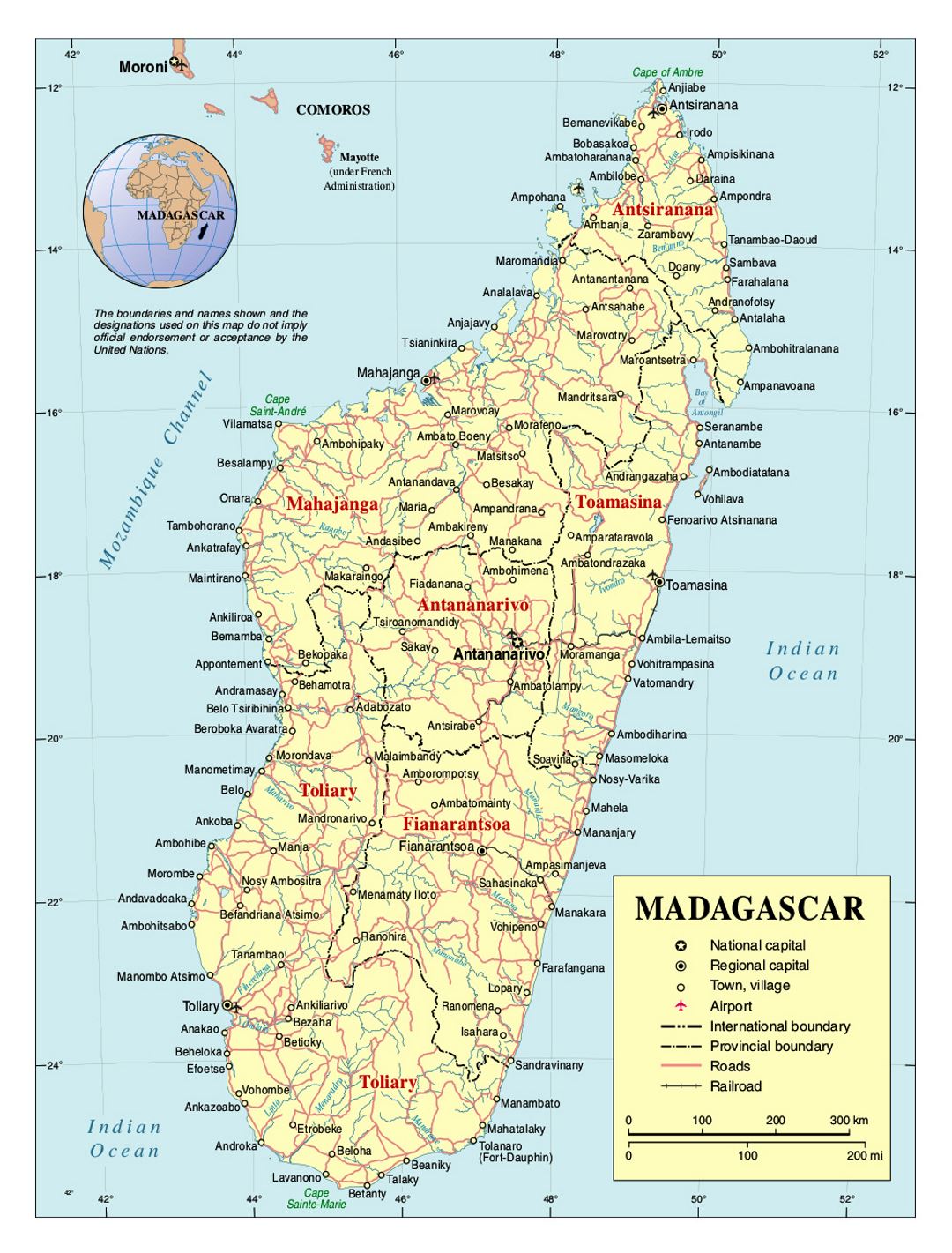 Detailed political and administrative map of Madagascar with roads, railroads, cities and airports