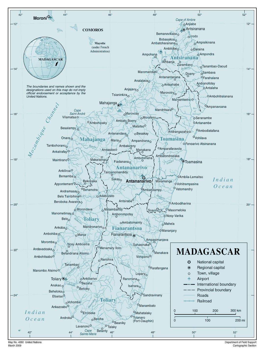 Large detailed political and administrative map of Madagascar with all cities, roads, railroads and airports