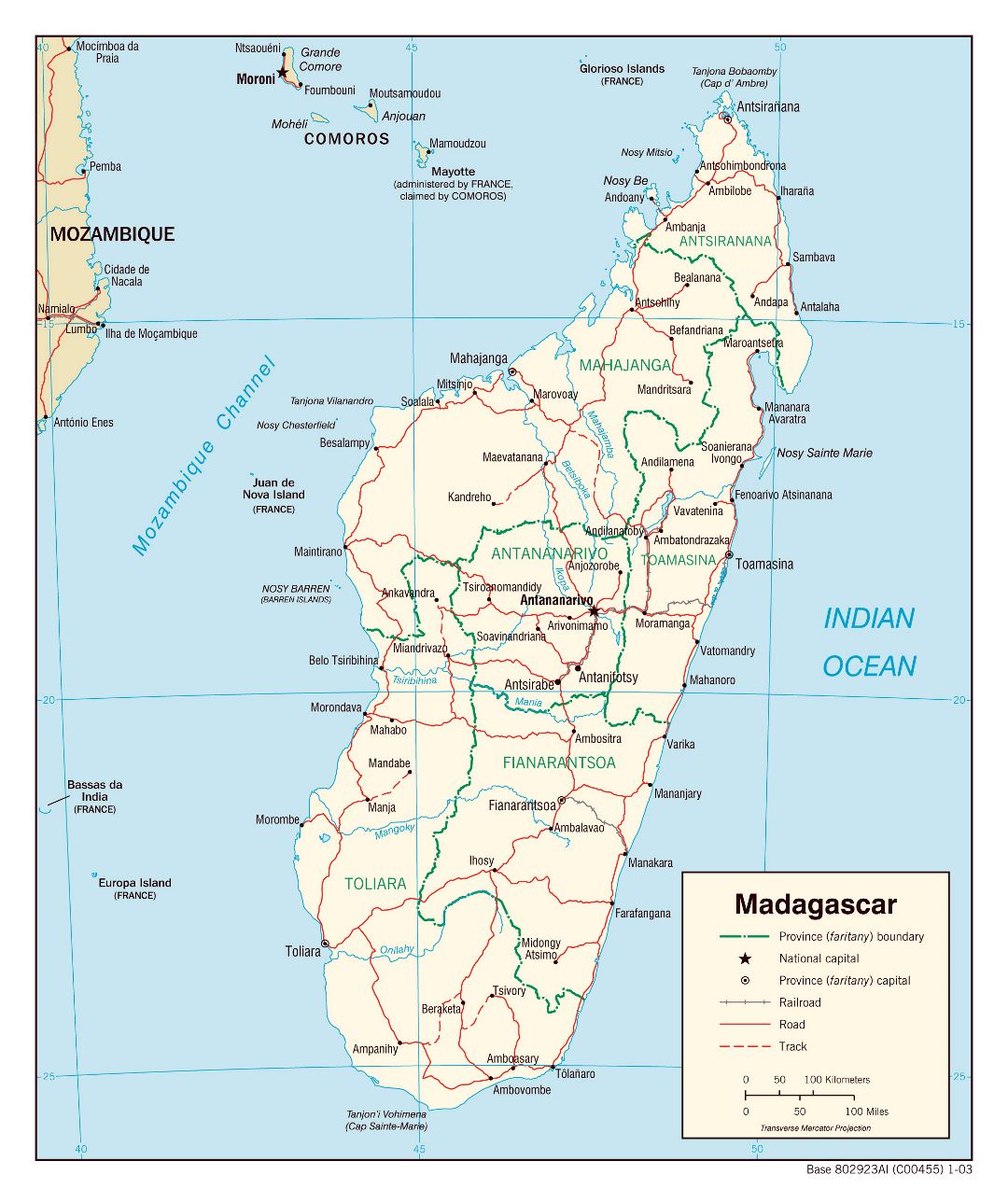 Large detailed political and administrative map of Madagascar with roads, railroads and major cities - 2003