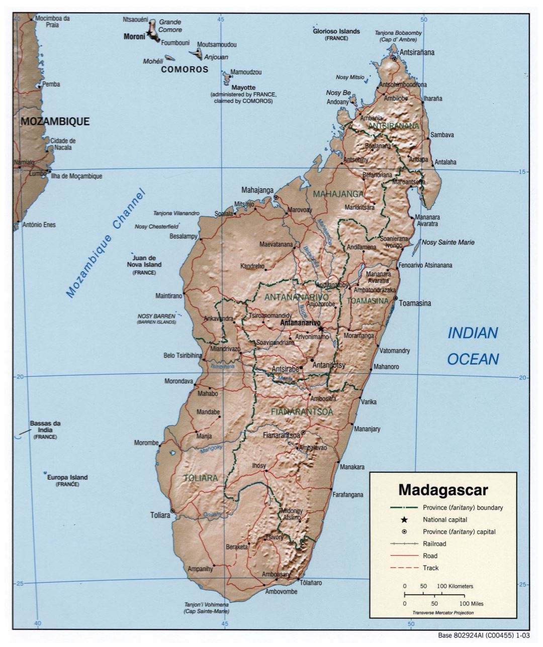 Large political and administrative map of Madagascar with relief, roads, railroads and cities - 2003