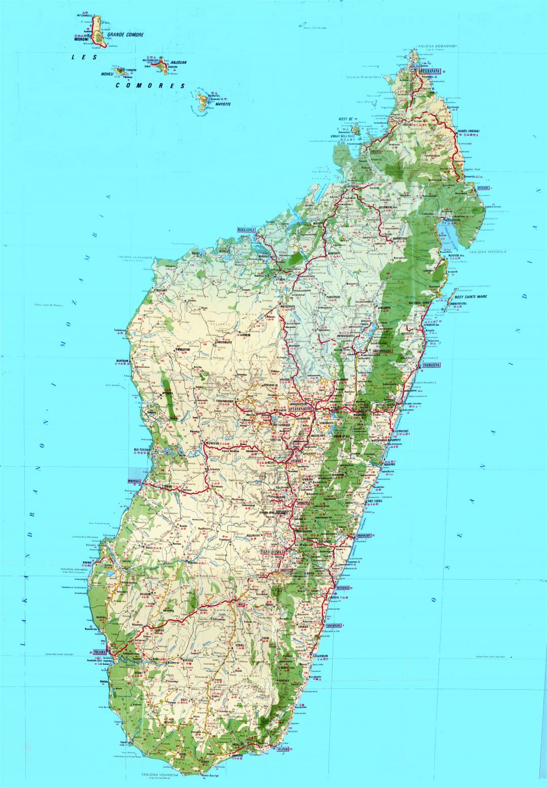 Large scale detailed topographic and tourist map of Madagascar with all roads, cities, villages, airports and other marks