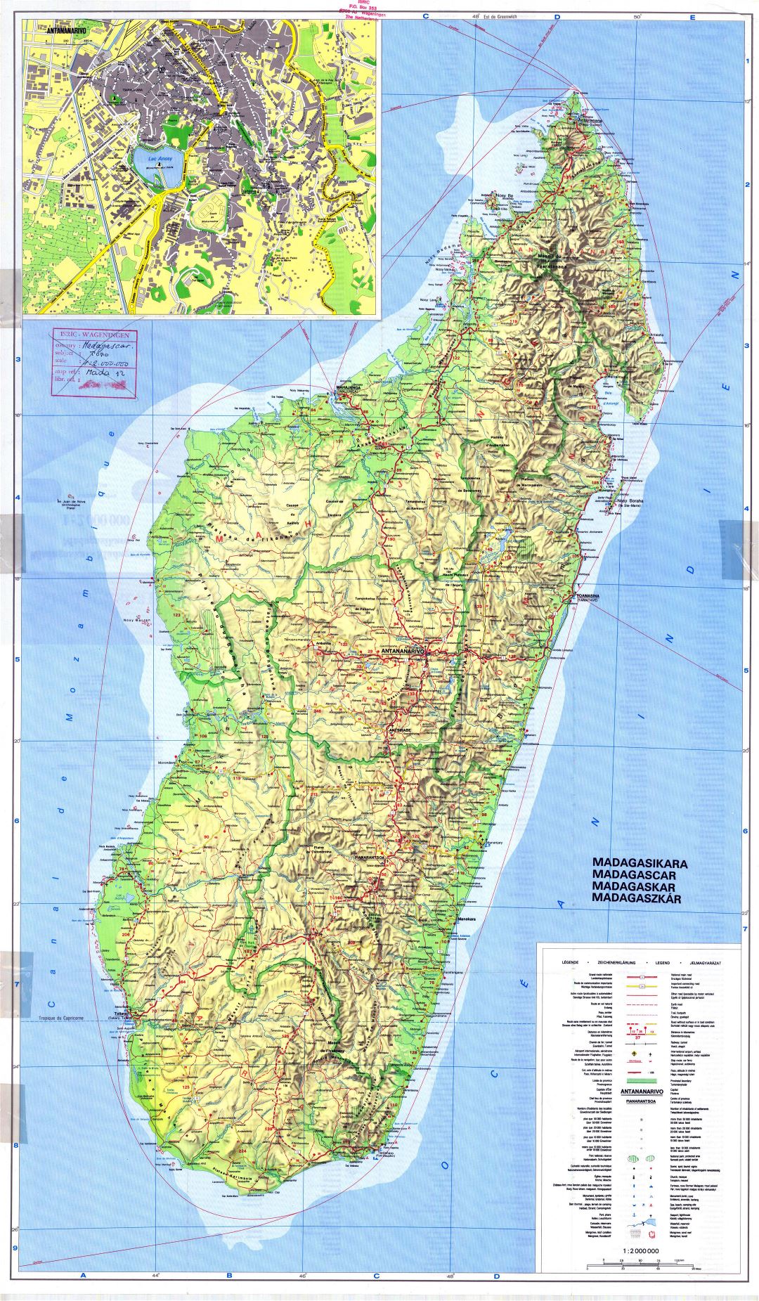 Large scale topographic map of Madagascar with all roads, cities, sea ports, airports and other marks