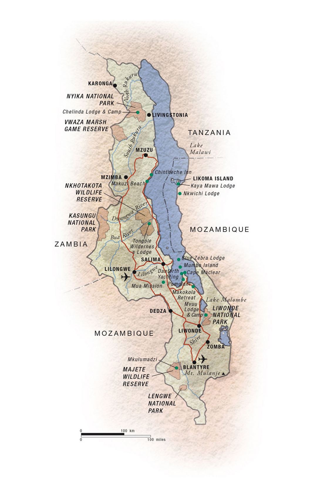 Detailed national parks map of Malawi