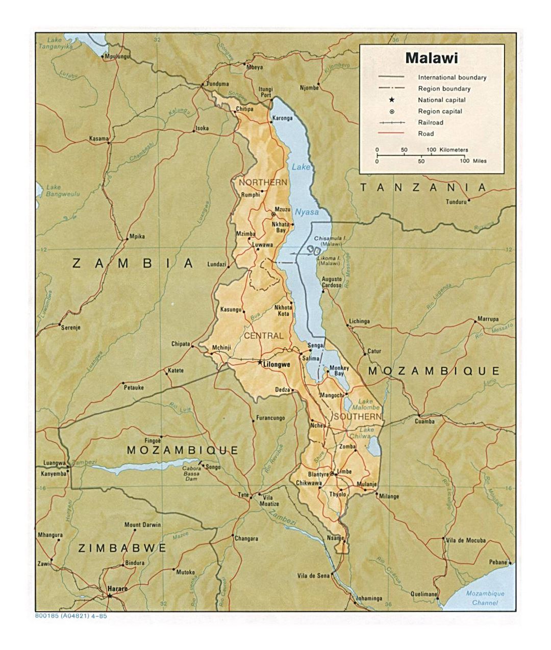 Detailed political and administrative map of Malawi with relief, roads, railroads and major cities - 1985