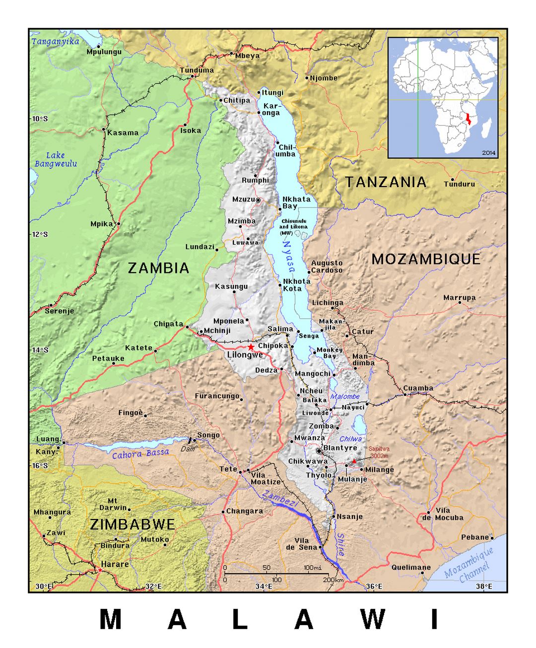Detailed political map of Malawi with relief