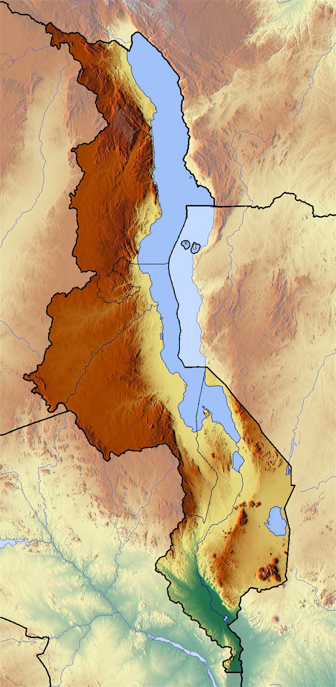 Detailed relief map of Malawi